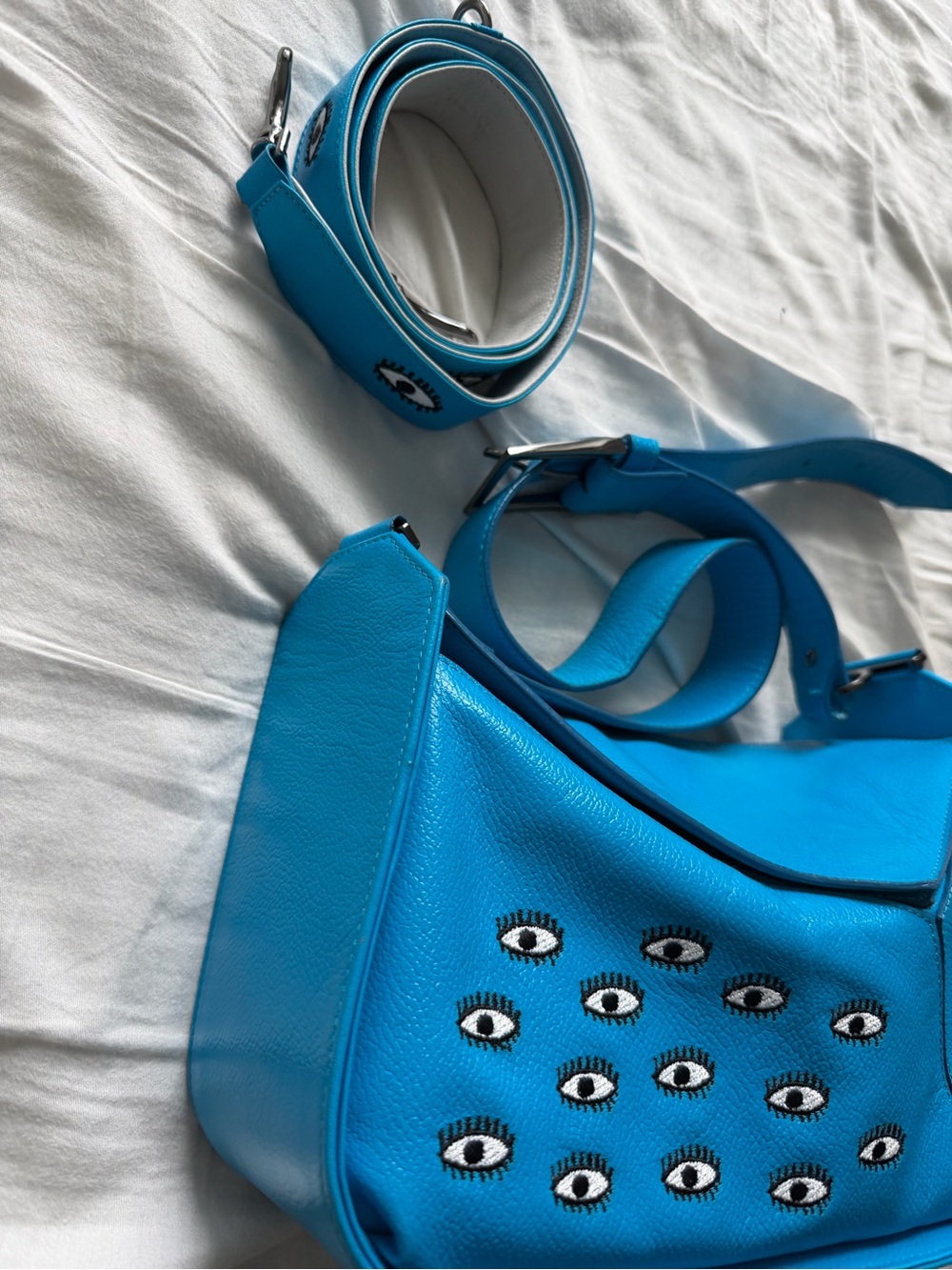 Blue Houston Eye-Embellished Leather Shoulder Bag Min & Mon with extra strap - Picture 2 of 8